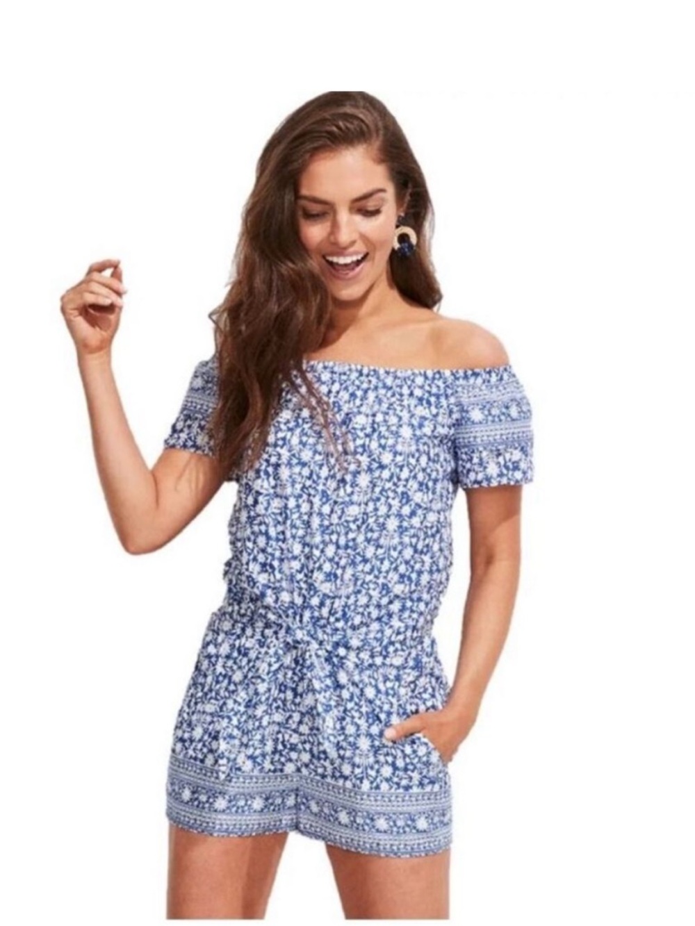 Vineyard Vines Otomi Print Romper Blue And White 100% Cotton Size Small